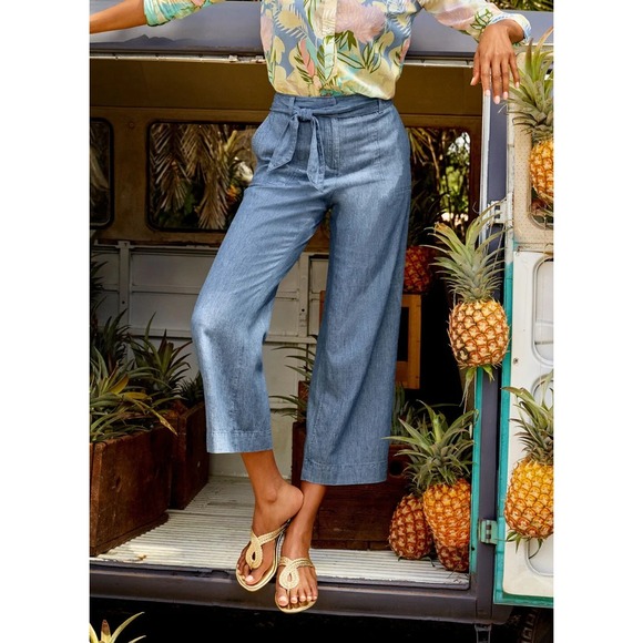 Talbots Pants - Talbots Linen Blend Chambray Tie-Waist Wide-Leg Cropped Pants Blue 2P 2 Petite